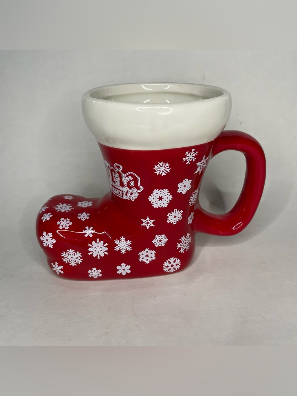 RARE Cambria Christmas Market Ceramic Boot Stocking Red Mug Holiday Decor Snow